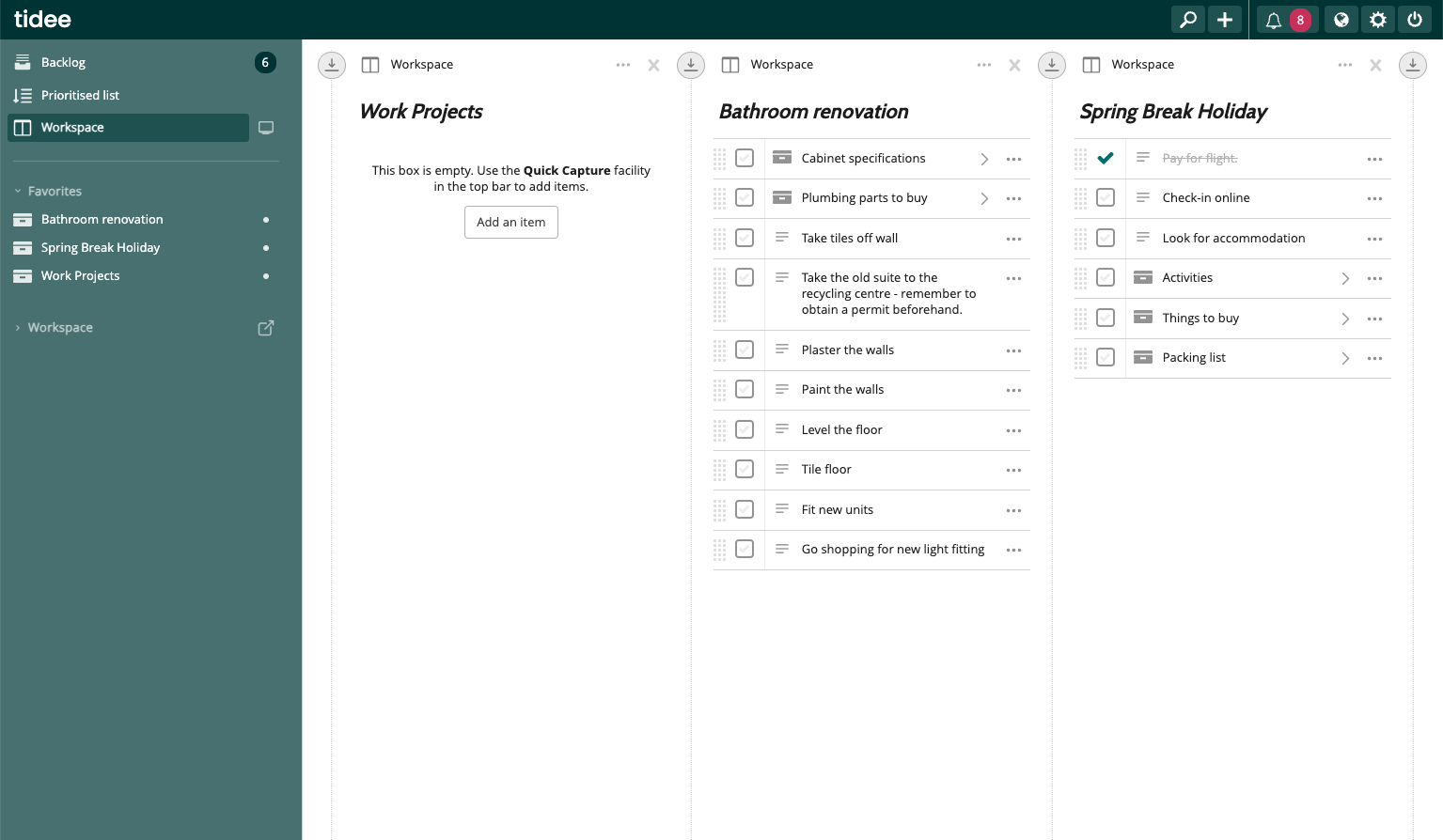 tidee app preview — workspace view with item boxes