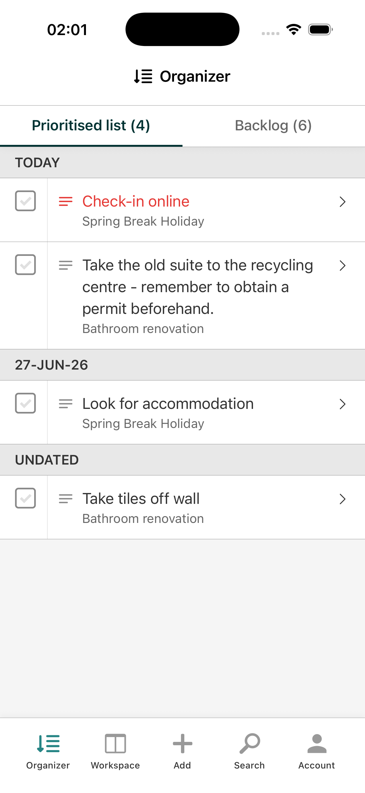 Prioritized list on mobile